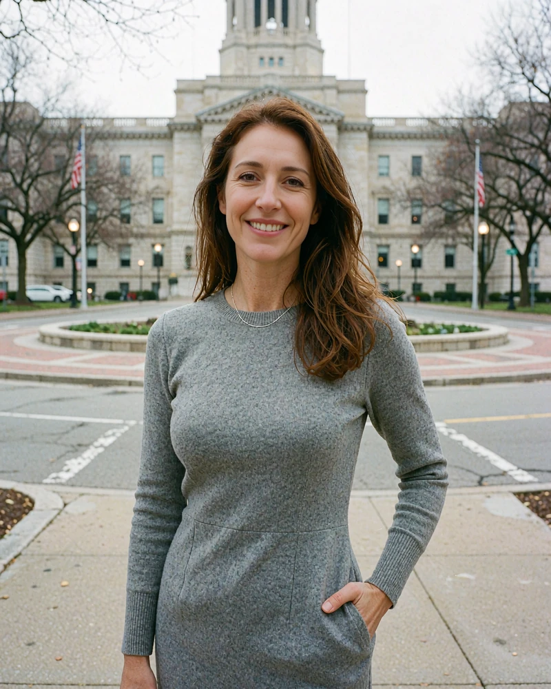 Woman with long chestnut hair in a grey knit dress standing on a downtown Indianapolis plaza near civic architecture