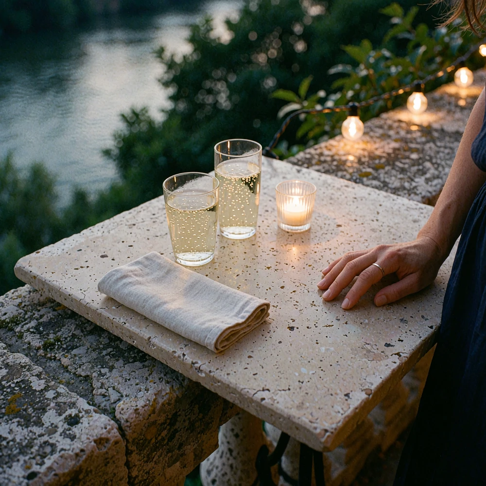 Two glasses of sparkling water and a candle on a stone terrace table beside softly lit river greenery in the evening