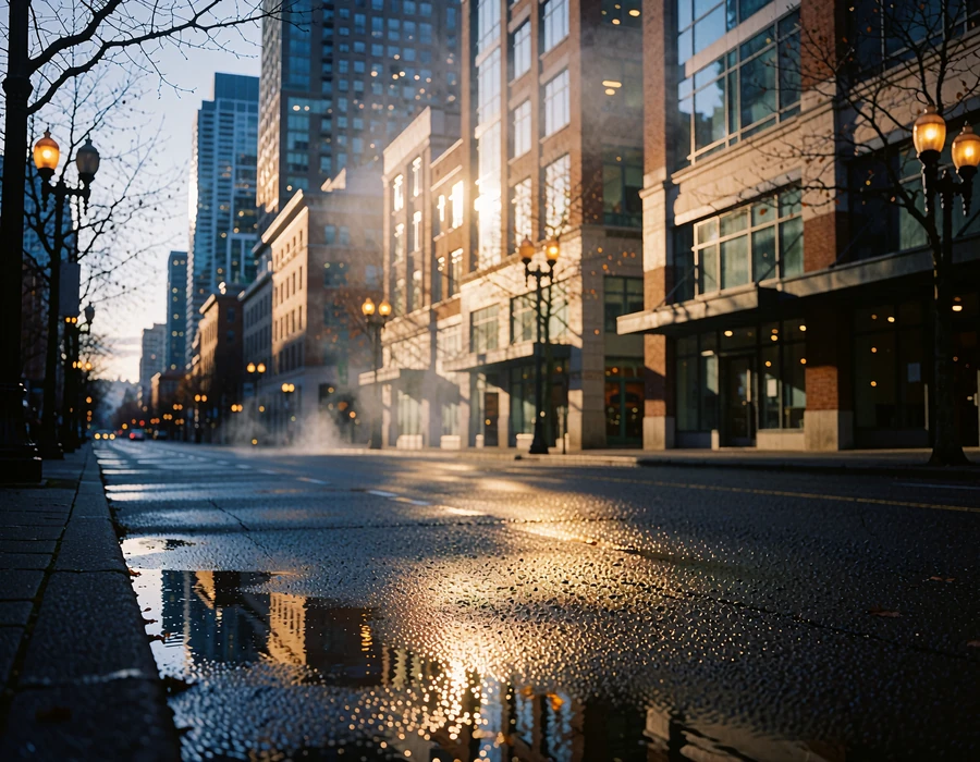 Empty downtown Seattle street at early evening with wet pavement reflecting amber lamplight and blue tower windows
