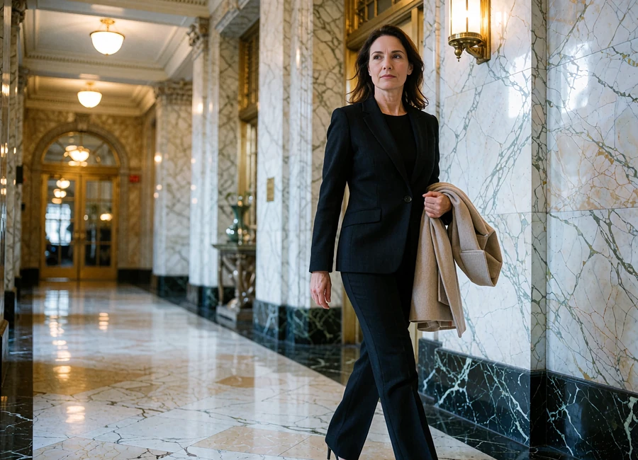 Decisive woman in a black trouser suit walking through a marble hotel corridor