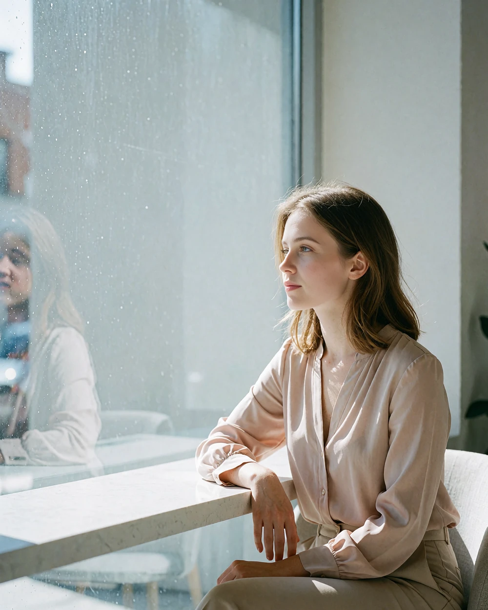 Young woman in a blush blouse sitting at a bright café window in Montrose, Houston, looking thoughtfully out of frame