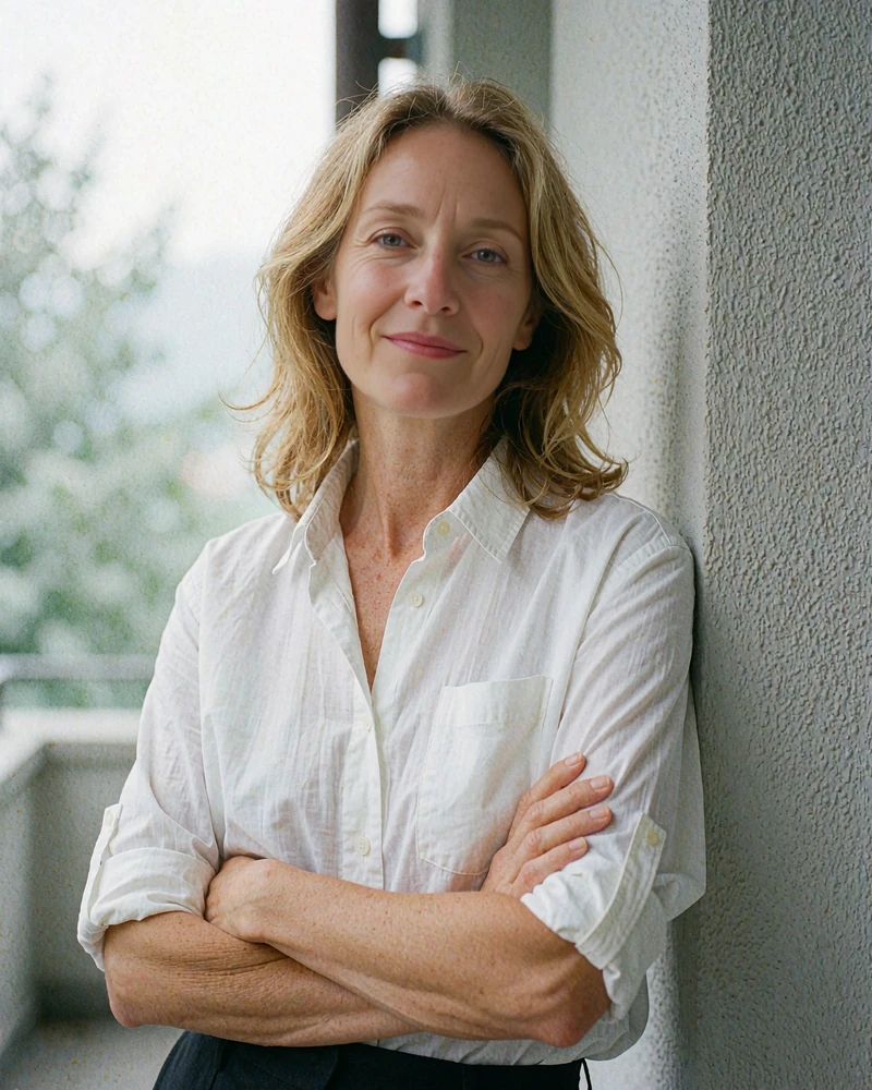 Portrait of a warm woman in her mid forties with honey-blonde hair on a shaded terrace