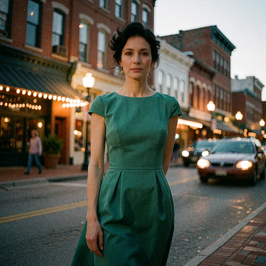 Dark-haired woman in an emerald cocktail dress standing on a historic downtown San Diego street at dusk