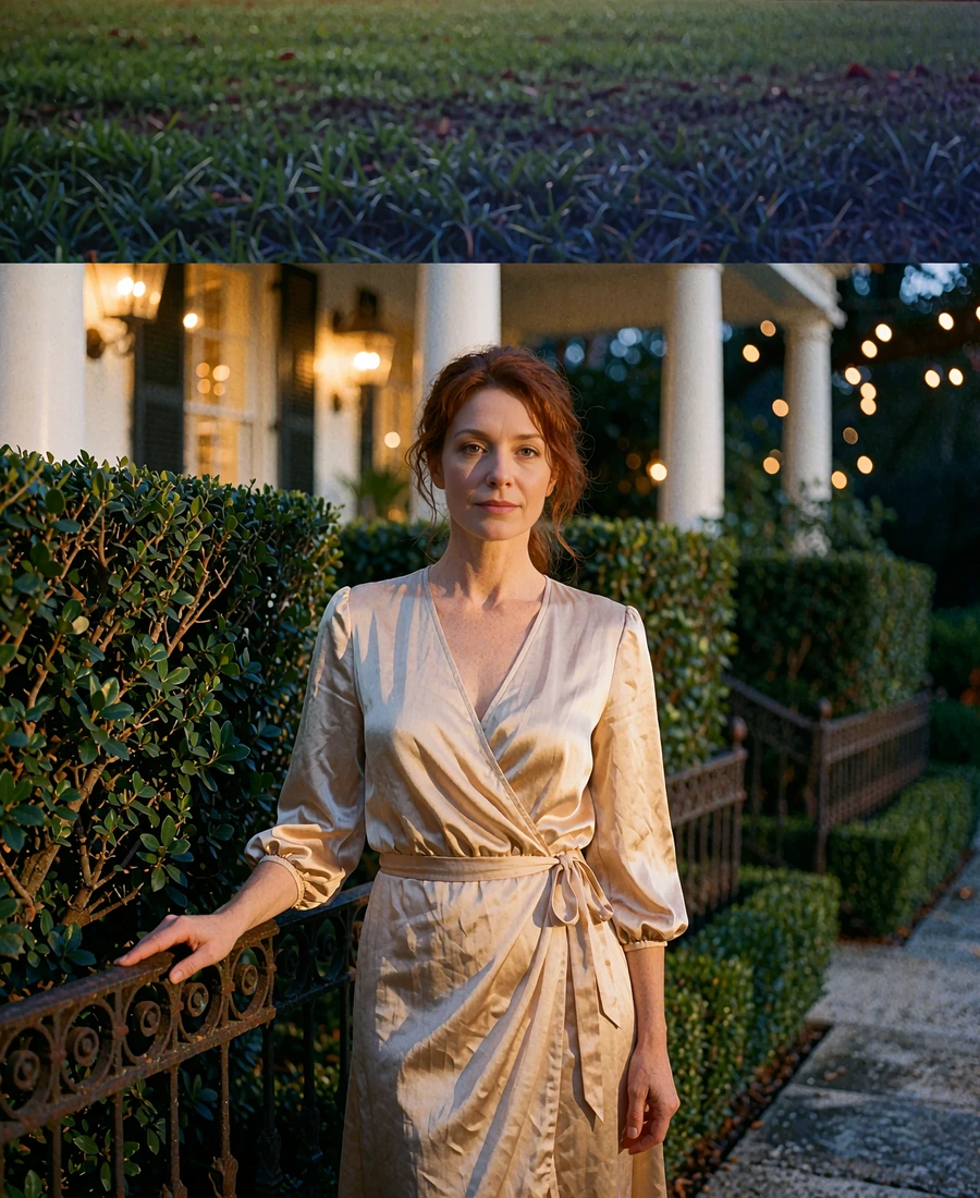 Woman in a champagne wrap dress standing on a private garden terrace of a historic Nashville estate