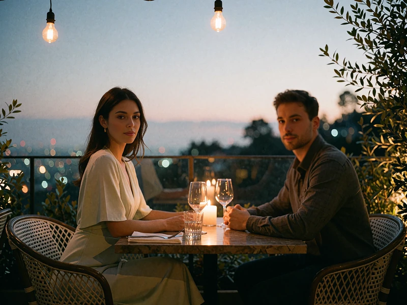 Couple seated at a candlelit table on a restaurant terrace in West Hollywood