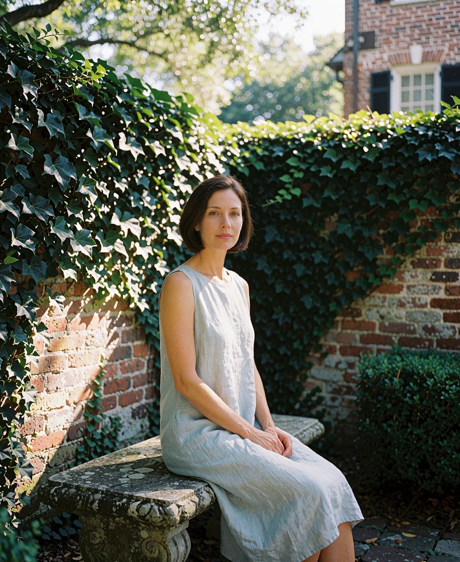 Woman in a pale blue linen dress seated in a shaded historic brick courtyard in Atlanta