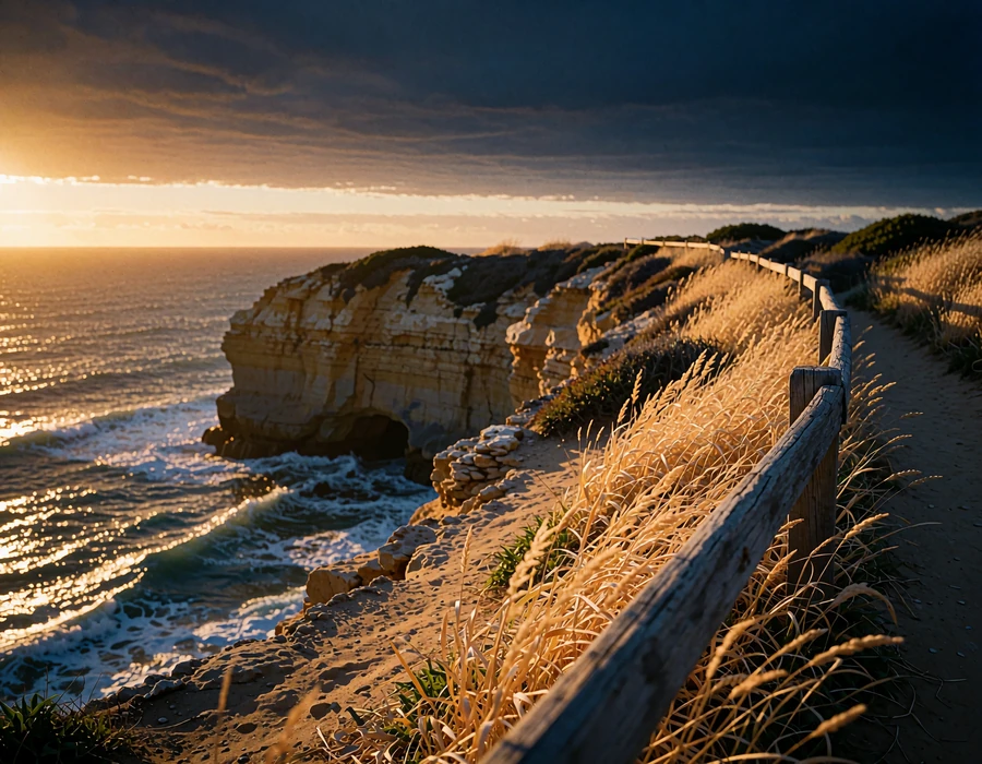Empty coastal cliff path with a timber railing overlooking the ocean at sunset in San Diego