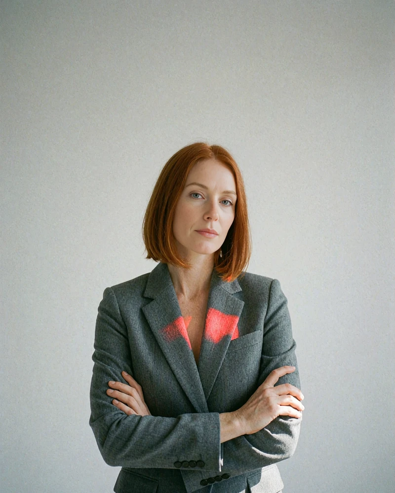 Portrait of a woman in her early thirties with copper-red hair and a fitted gray wool blazer