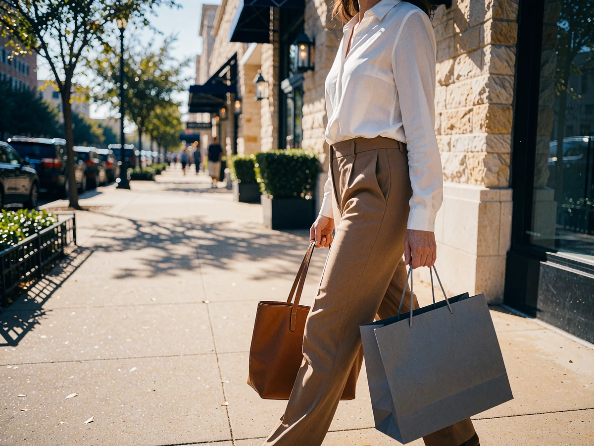Woman in a white blouse and camel trousers walking along a sunlit Uptown Dallas street lined with boutique storefronts
