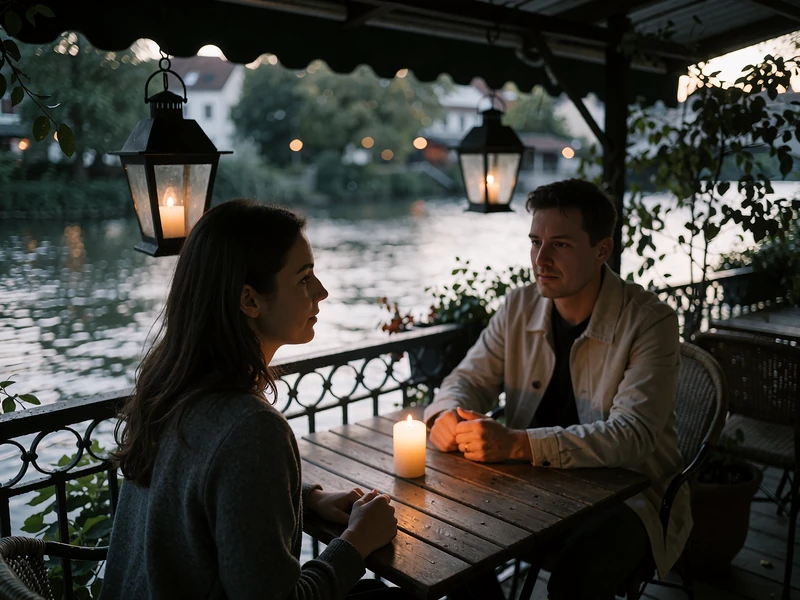 Couple sharing a candlelit table on a covered riverside terrace restaurant in San Antonio