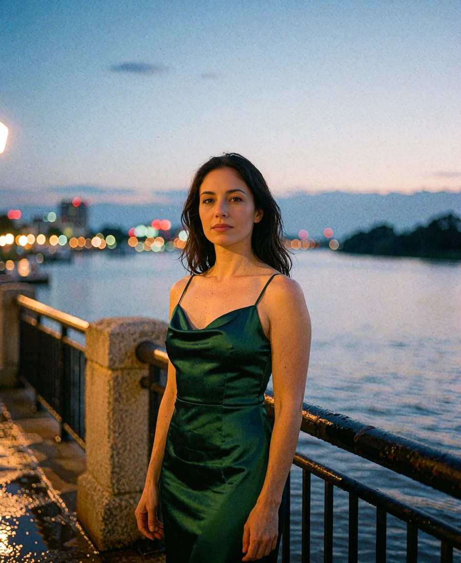 Woman in an emerald satin dress standing on a riverfront promenade railing in Nashville at dusk