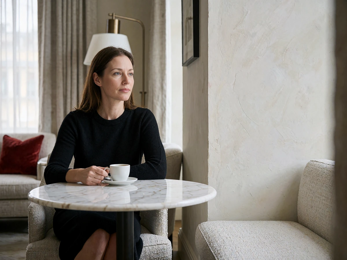 Woman in a black knit dress seated alone at a marble table with an espresso in an upscale hotel lounge