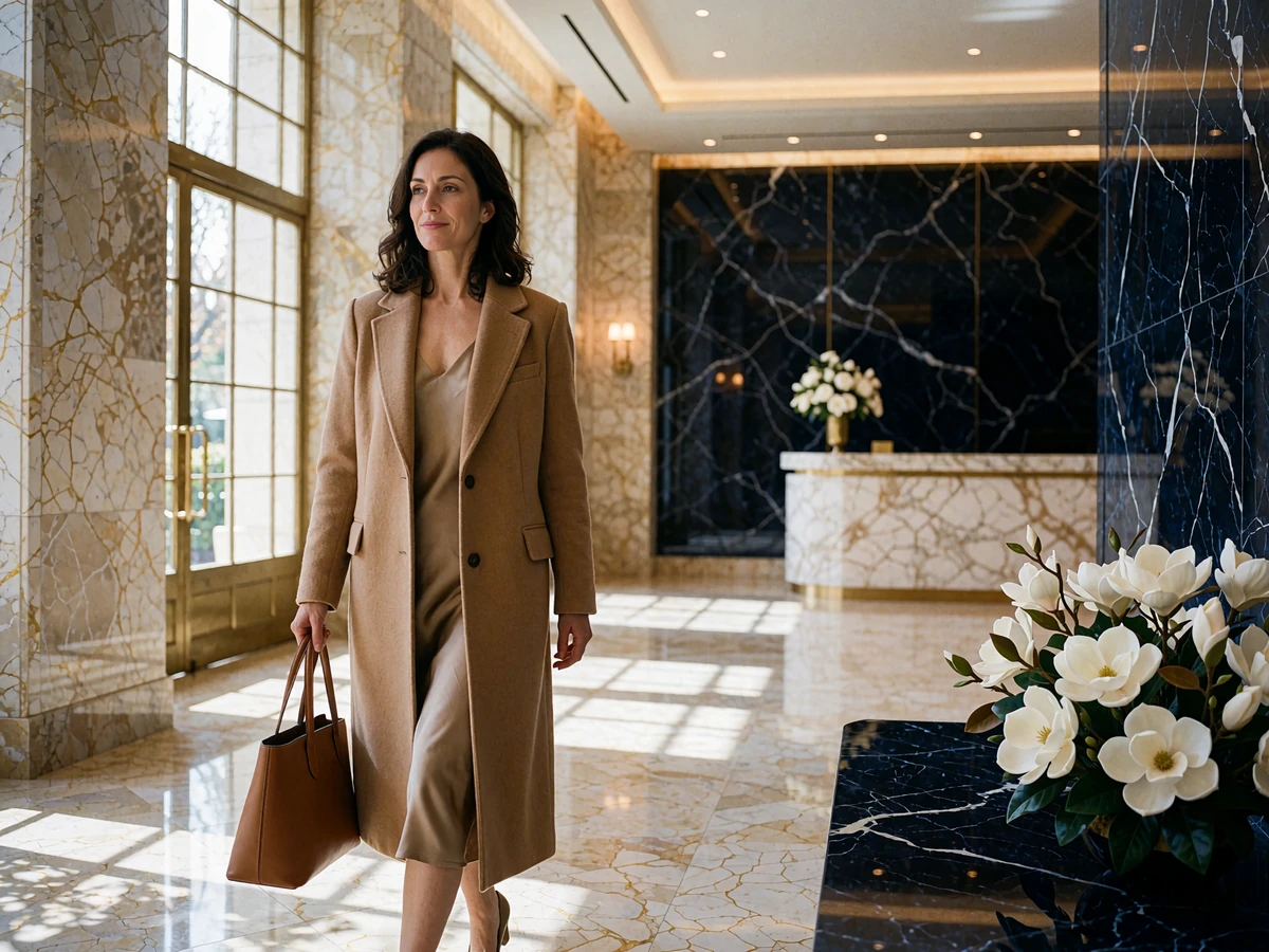 Woman in a camel wool coat walking through the marble lobby of an upscale Atlanta hotel
