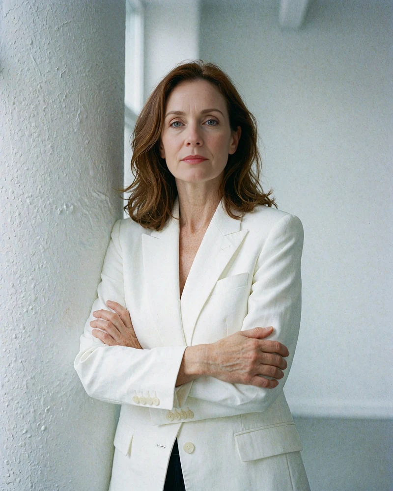 Portrait of a confident woman with shoulder-length auburn hair wearing an ivory blazer in a bright minimal office