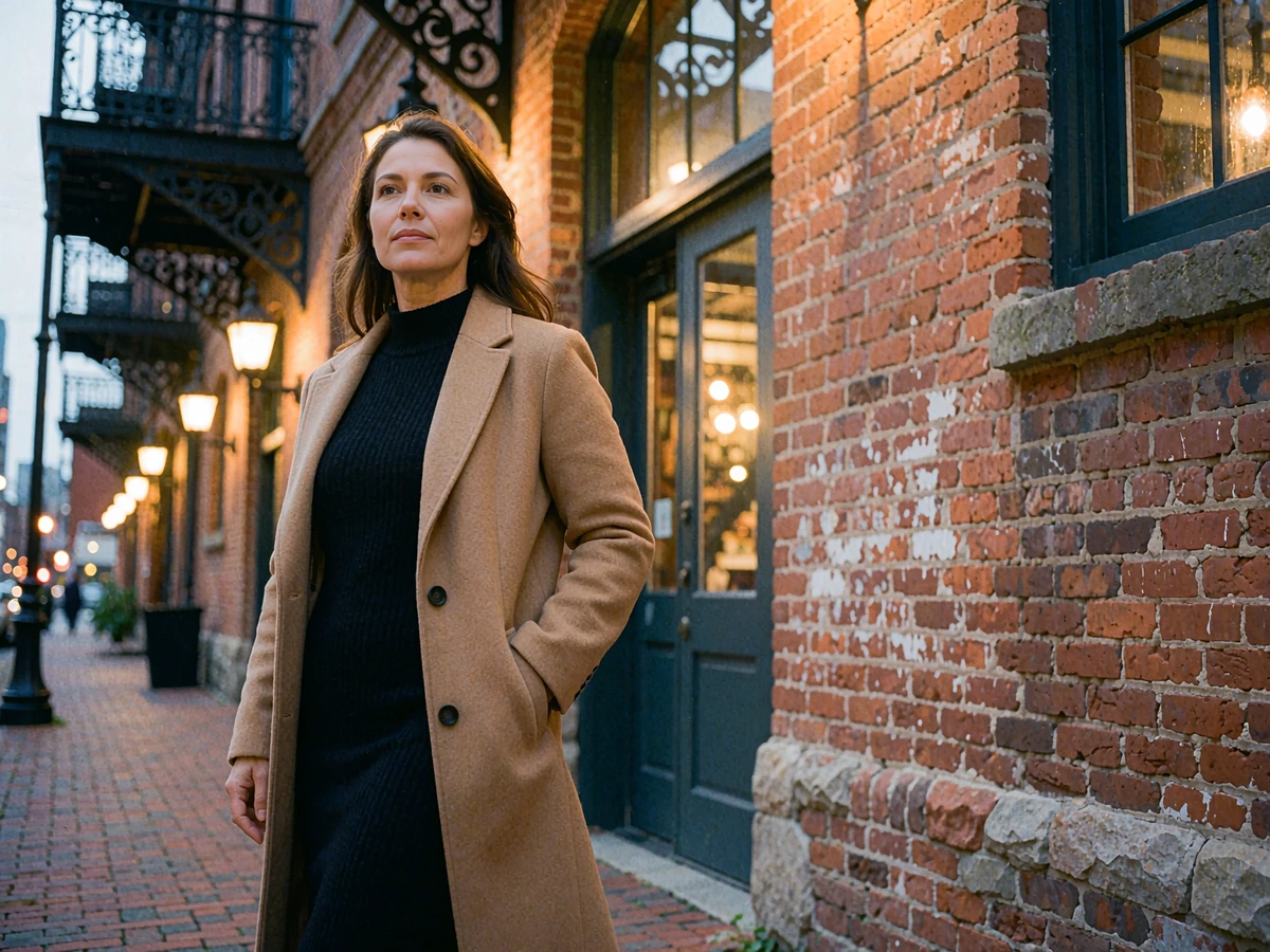 Confident woman in a camel wool coat standing on a brick sidewalk in a converted warehouse arts district at dusk