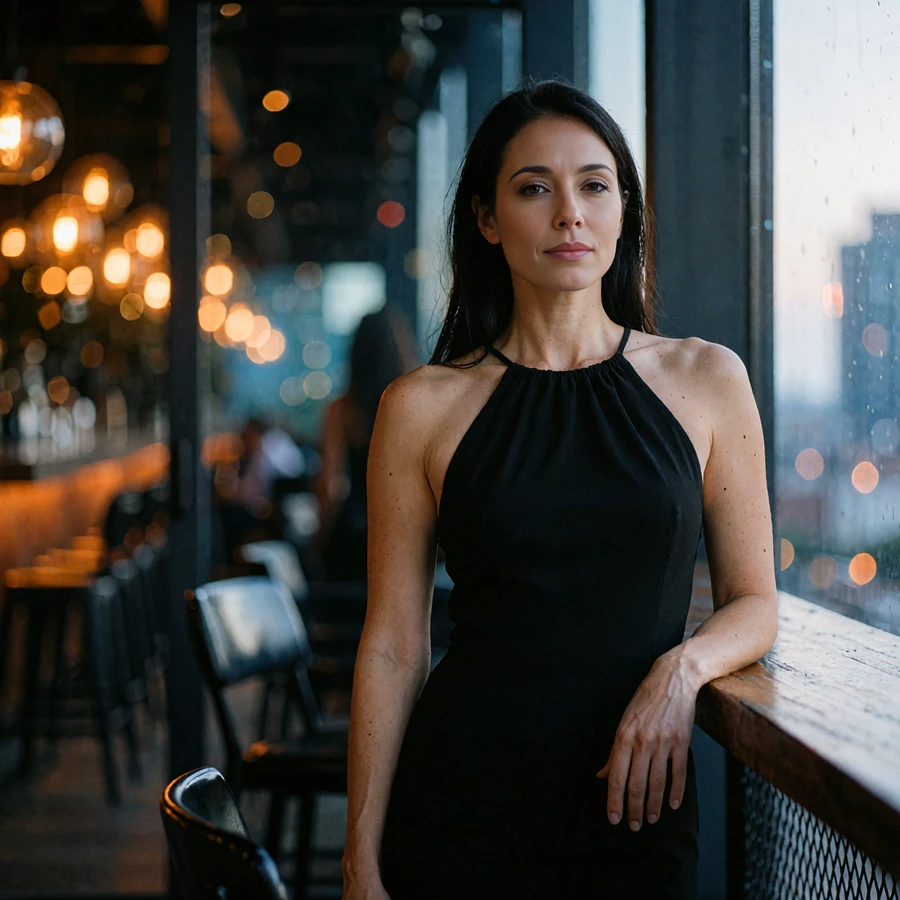 Woman with sleek dark hair in a black halter dress standing at a downtown Los Angeles rooftop bar railing at night