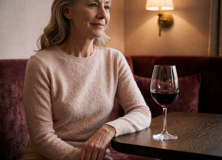 Graceful woman in a blush knit dress seated at a corner banquette with a glass of red wine
