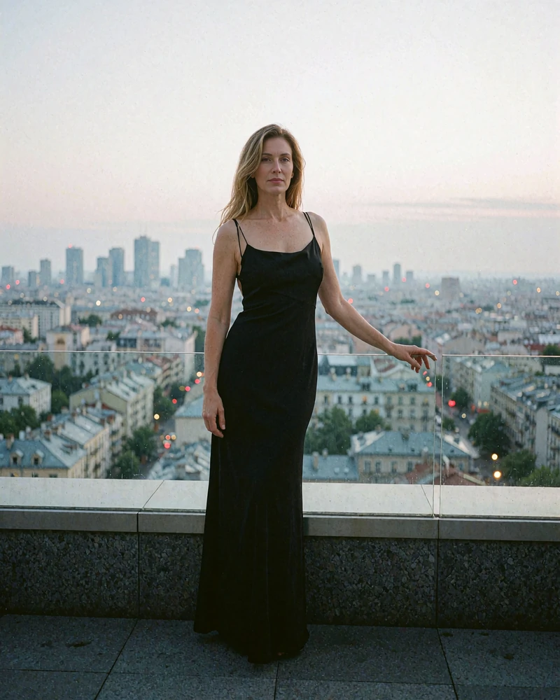 Woman in a black evening gown on a rooftop terrace at blue hour with a blurred city skyline behind her