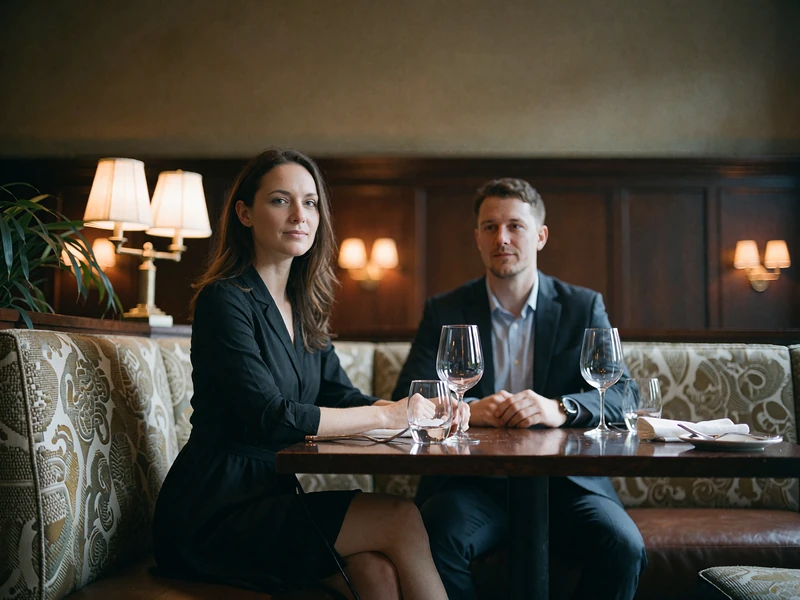 Couple seated at a corner banquette in a refined Dallas steakhouse under warm lamplight