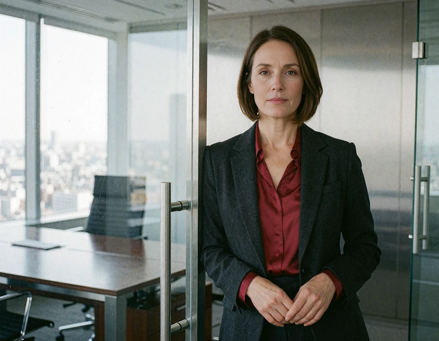Woman in a crimson silk shirt and charcoal blazer standing beside a glass partition in an executive office