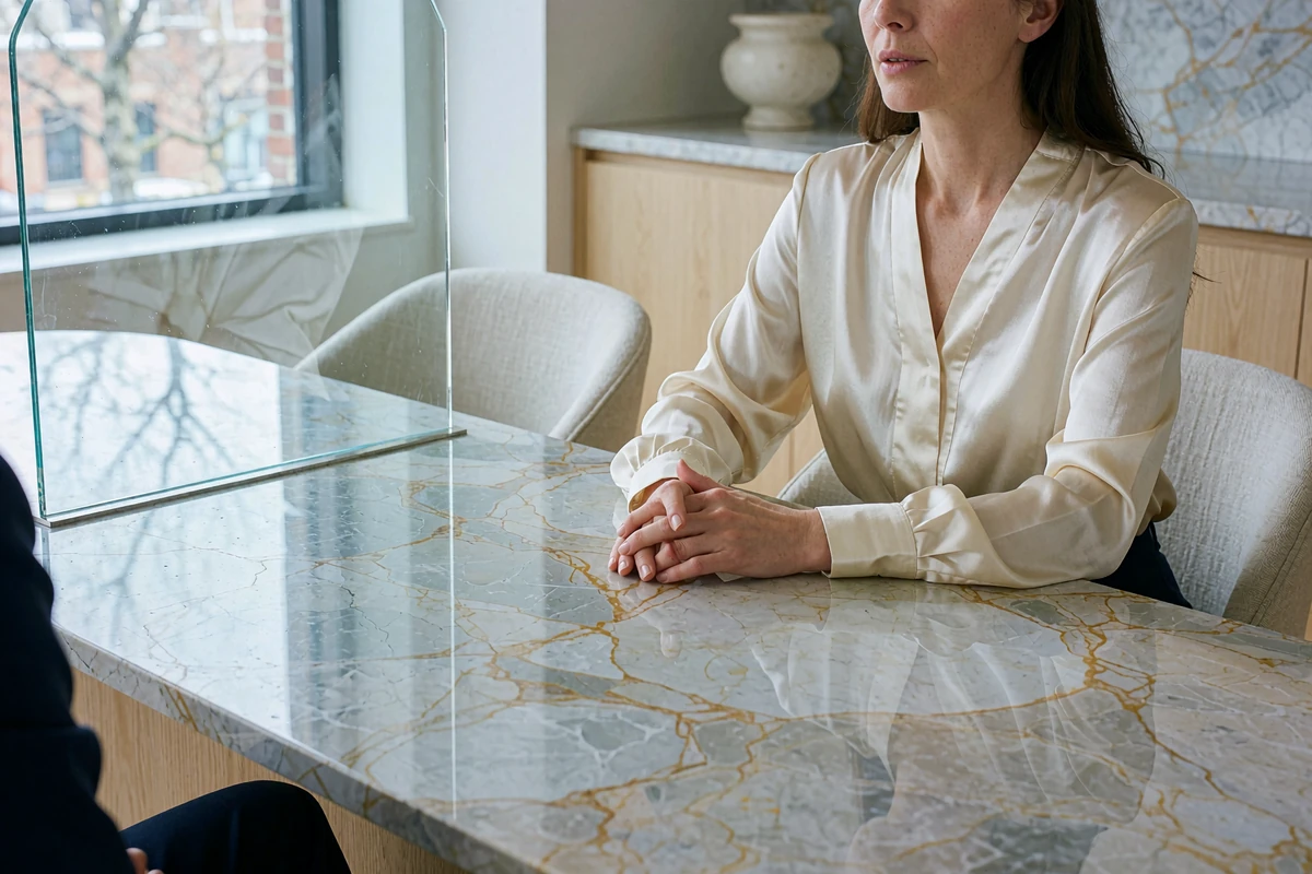 Composed woman in an ivory silk blouse seated at a marble consultation table in a quiet advisory office