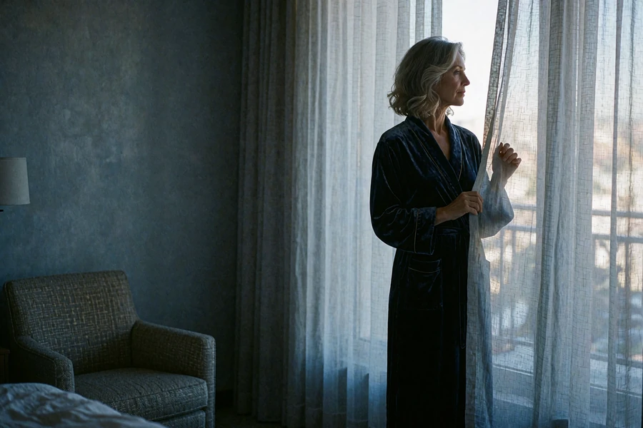 Elegant woman in silhouette behind a sheer curtain in a dim hotel suite