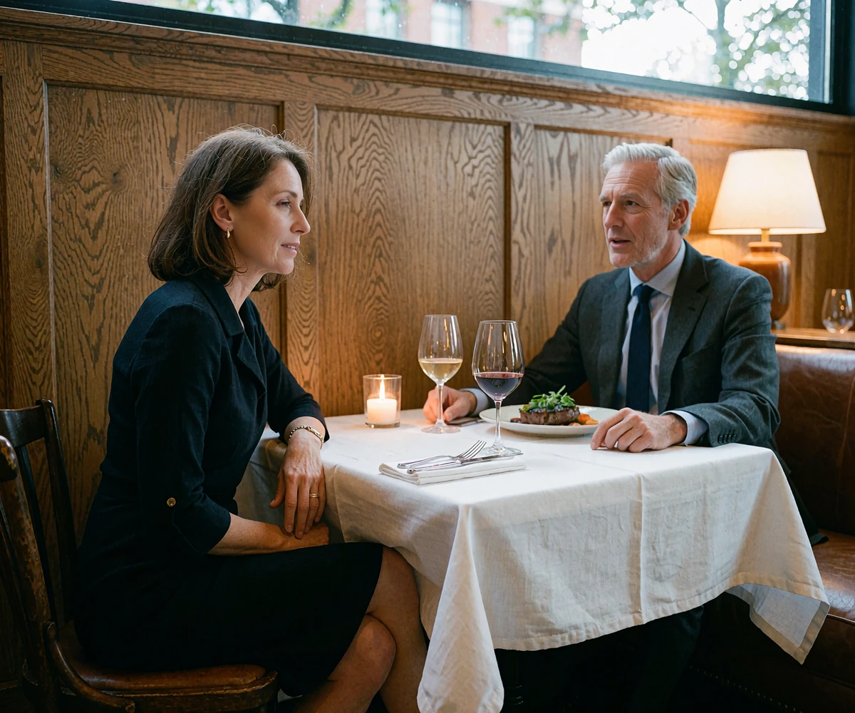 Woman in a dark elegant dress in conversation with a man in a charcoal suit at a wood-panelled Indianapolis steakhouse