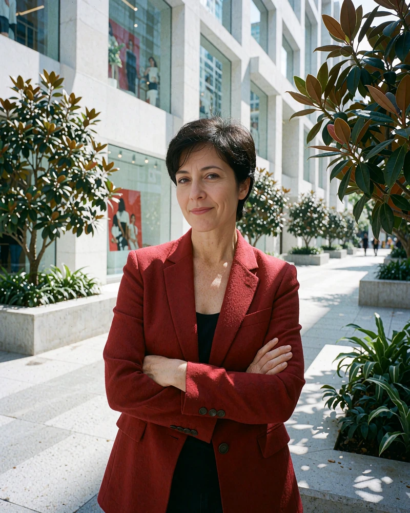 Woman in a tailored red blazer standing on a sunlit street in the Miami Design District