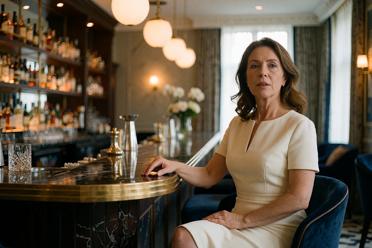 Confident woman in a cream tailored dress at a quiet hotel bar corner table during a first meeting