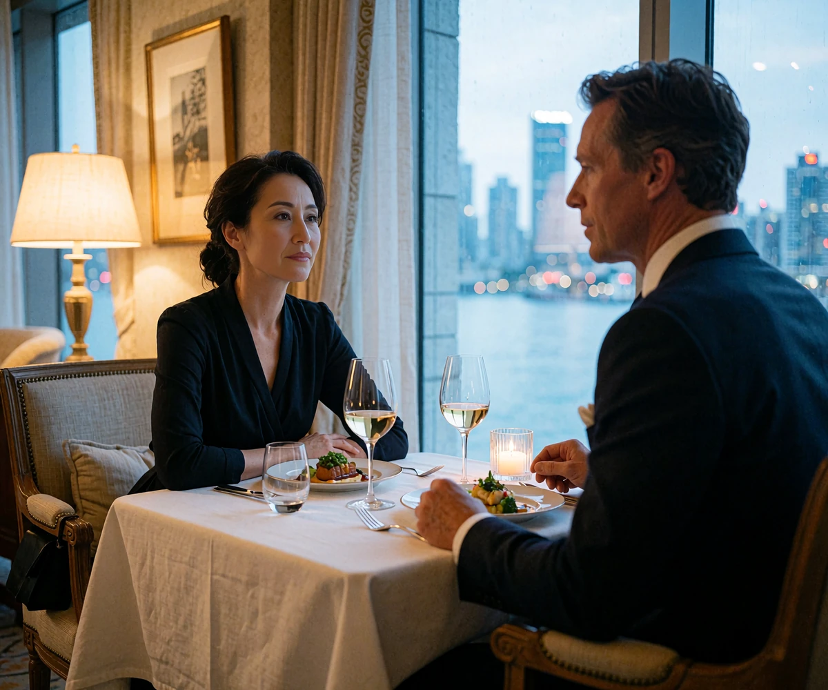 Woman and man in evening attire seated at a candlelit table in an upscale Boston restaurant with a harbor skyline visible through the window