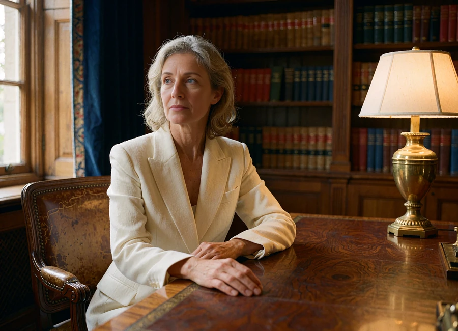 Woman in an ivory blazer seated at a walnut writing desk in a private club library
