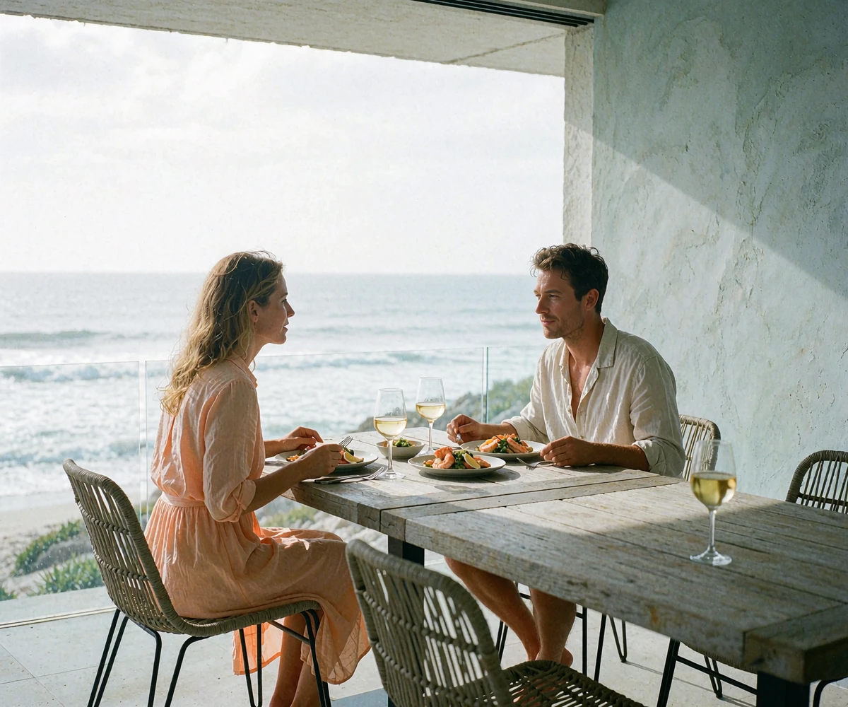 Couple seated at an oceanfront restaurant table in San Diego, mid-conversation over plated seafood with the surf visible beyond a glass wall