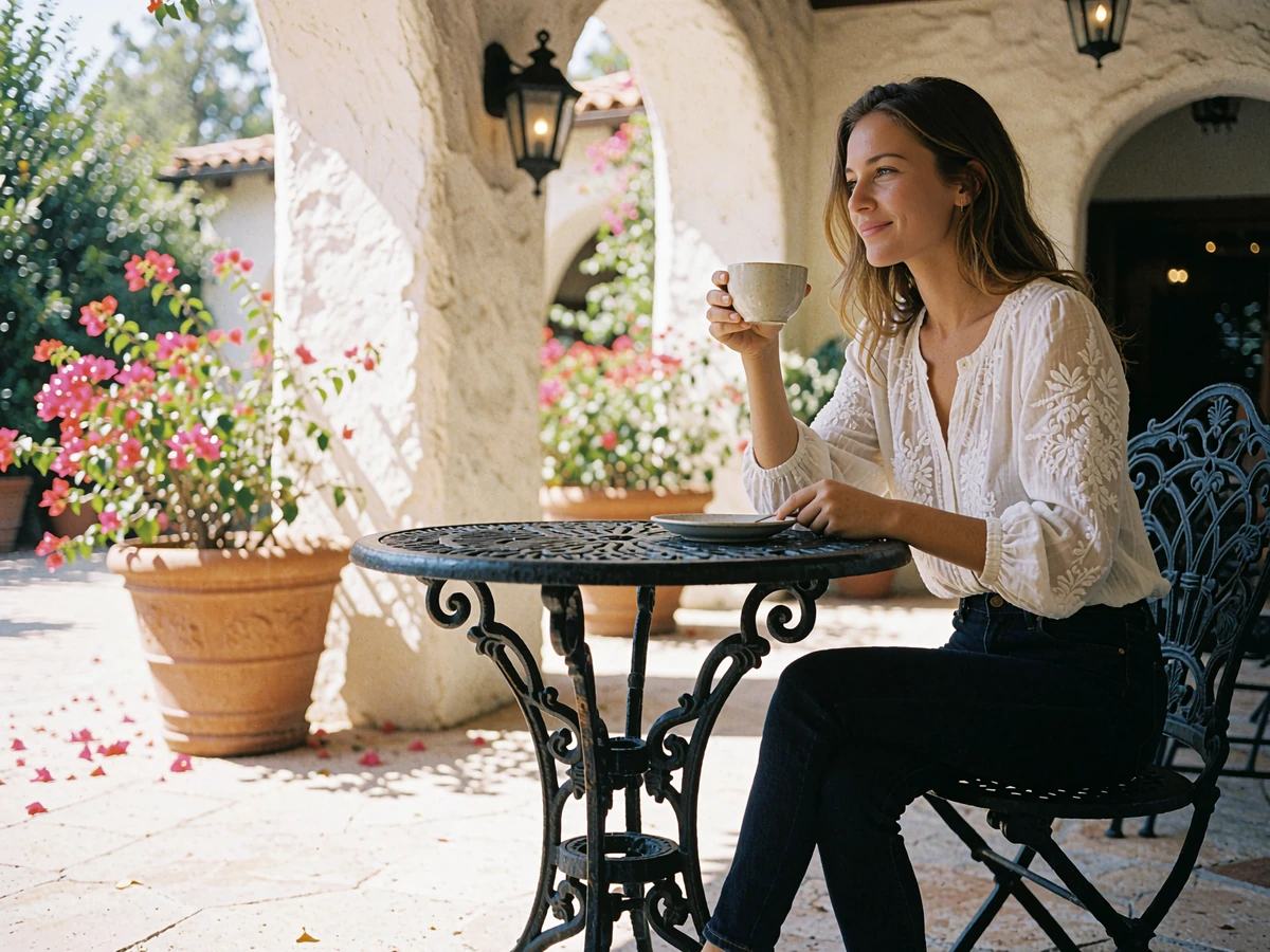 Young woman smiling at a wrought-iron café table in a sunlit Spanish colonial courtyard in San Antonio