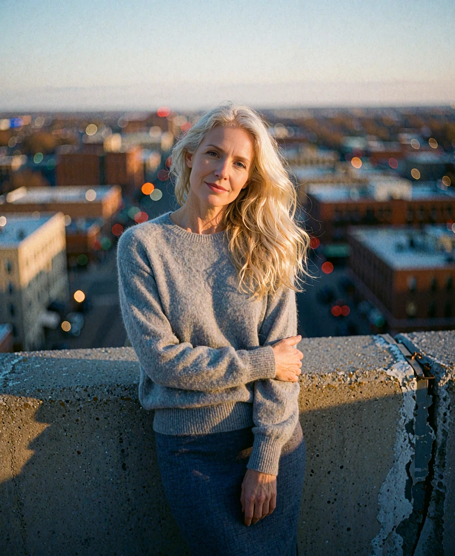 Graceful woman in a grey cashmere sweater leaning on a rooftop parapet above the Columbus skyline at dusk
