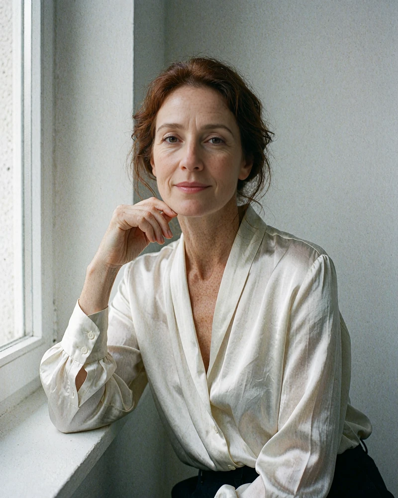 Elegant woman in her early fifties with rich auburn hair seated at a bright window