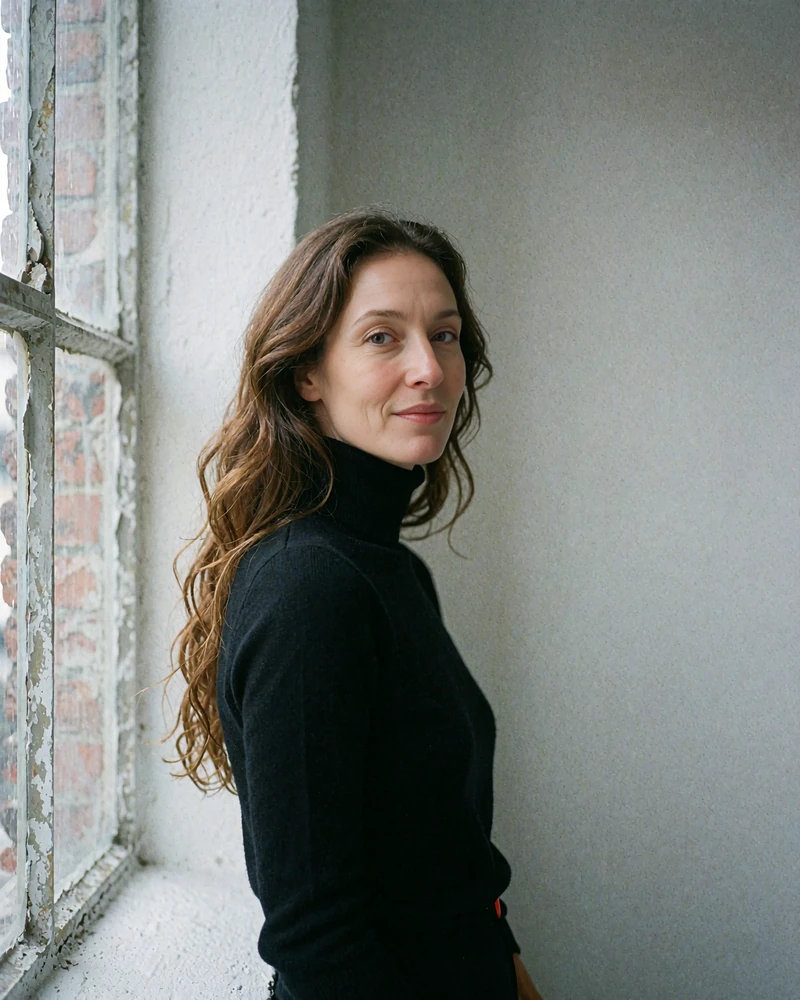 Portrait of a woman with long chestnut waves in a black rollneck standing beside a tall industrial window
