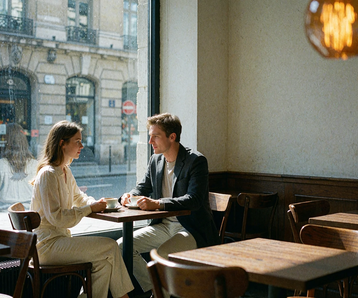 Woman and man in relaxed daytime conversation at a window-side café table in downtown Chicago