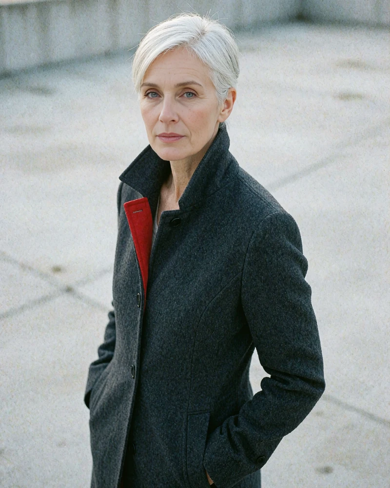Portrait of an elegant woman in her early fifties with a silver crop wearing a charcoal coat