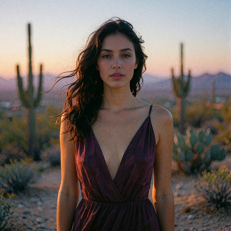 Woman with long dark waves in a plum evening dress on a desert overlook at dusk