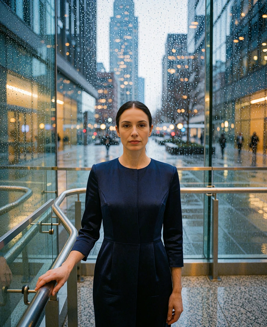 Woman in a tailored midnight-blue dress standing in the glass lobby of a modern Seattle office tower