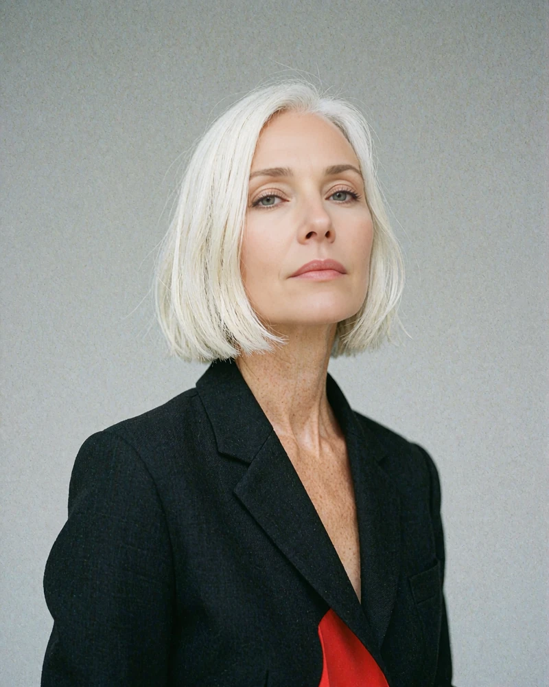 Sleek woman in her mid forties with a sharp platinum bob wearing a black tailored jacket