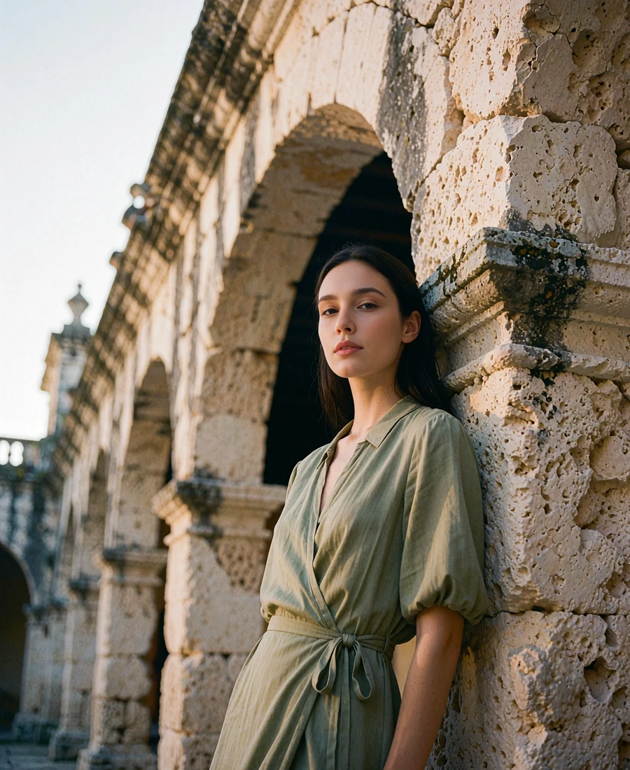 Poised young woman in an olive wrap dress leaning against a limestone colonial arcade in San Antonio
