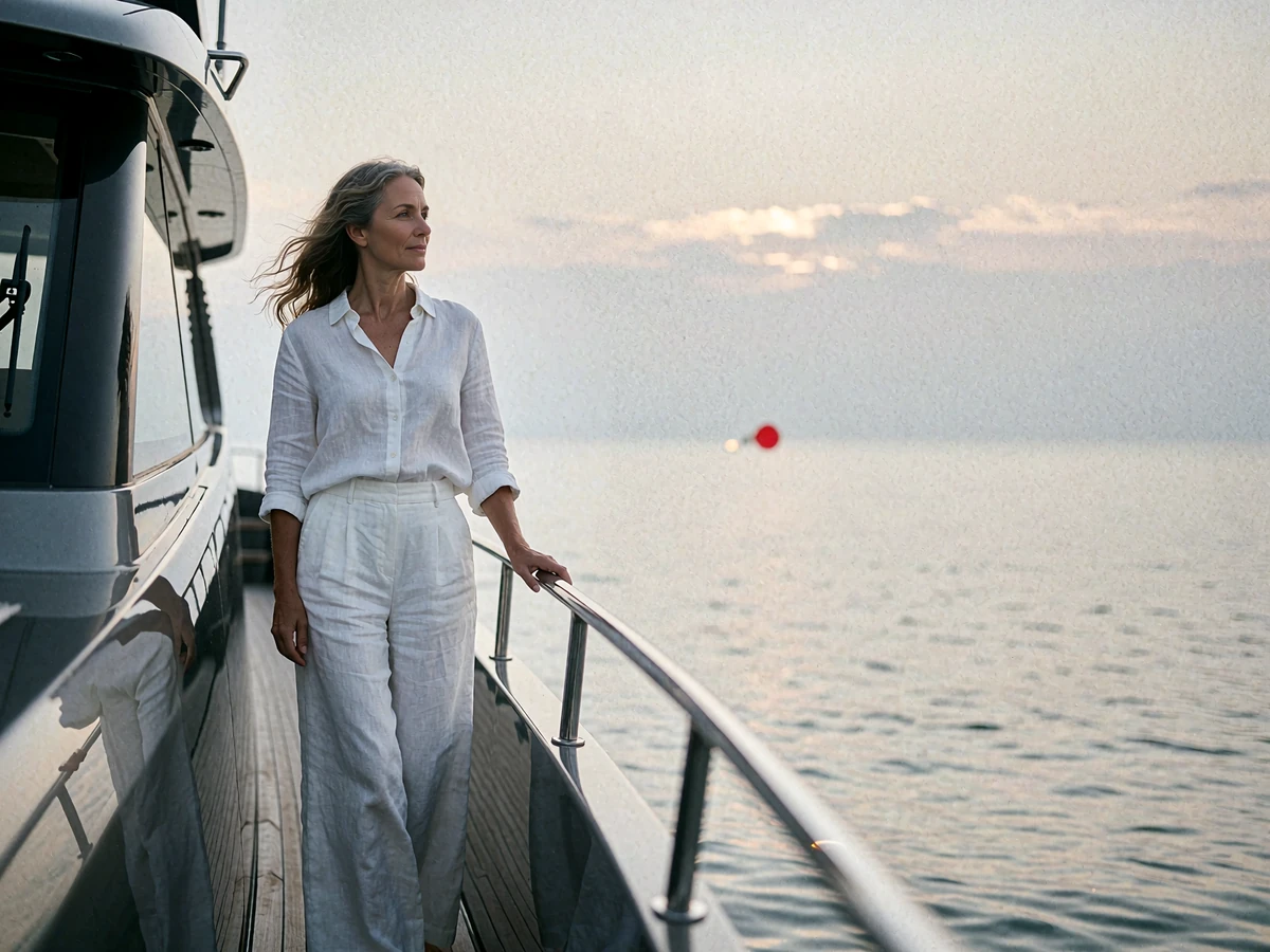 Poised woman in white linen standing on the deck of a private motor yacht looking toward the horizon