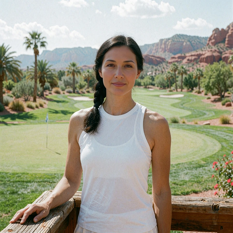 Woman with dark hair in a twist wearing a white top on a shaded golf club terrace
