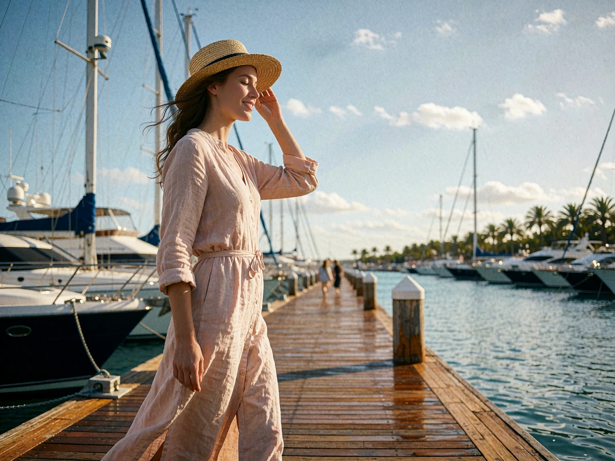 Woman in a blush linen dress and straw hat walking along a marina boardwalk lined with yachts in San Diego