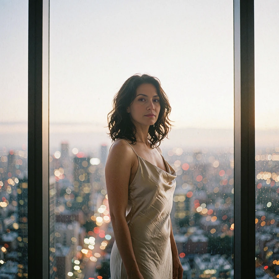 Woman with dark wavy hair in a champagne satin slip dress standing beside a floor-to-ceiling penthouse window at dusk
