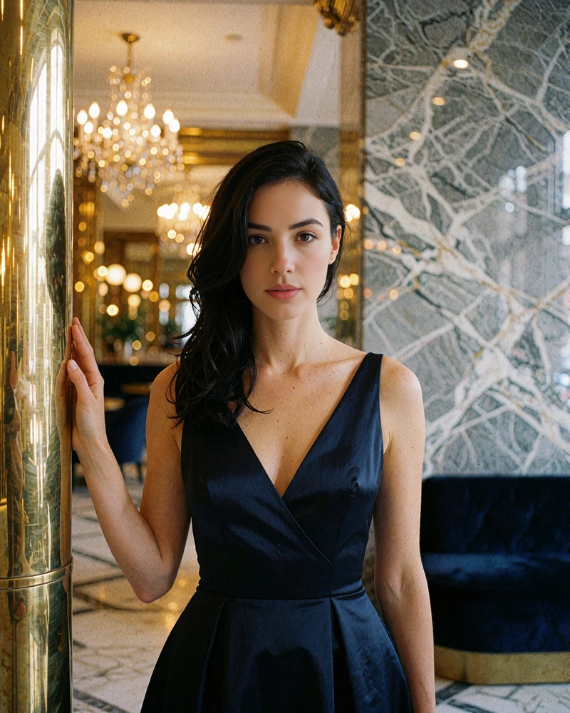 Woman with dark hair in a navy satin dress standing beside a brass column in a marble Dallas hotel lobby