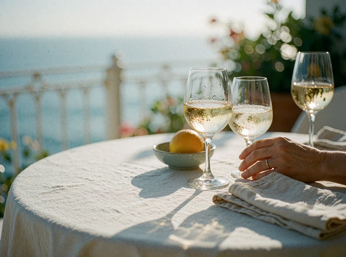Sunlit terrace table with two chilled wine glasses, citrus and pale linen napkins overlooking the San Diego coastline
