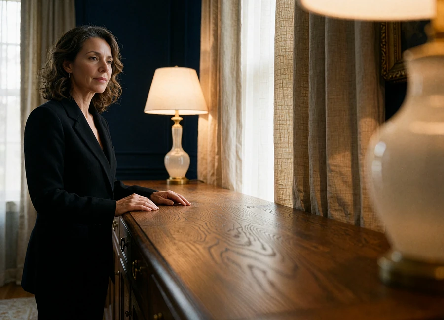 Refined woman in a black tailored blazer standing at a dark oak console in a private study