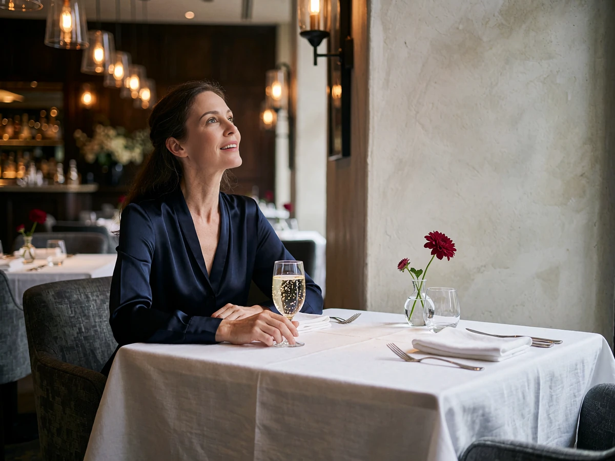 Elegant woman in a navy silk blouse sitting alone at a restaurant table, looking up toward someone arriving